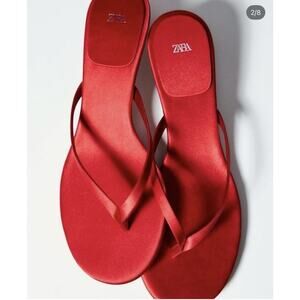 ZARA Red Satin Kitten Heel Thong Sandals Size US 9 / EU 39 | Chic Minimal Look